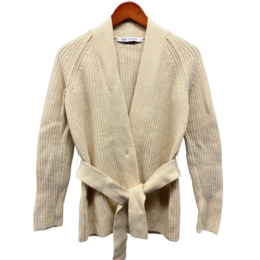Uniqlo and Lemaire Wool Belted Cardigan Sweater Womens S Cream Chunky Knit Cozy